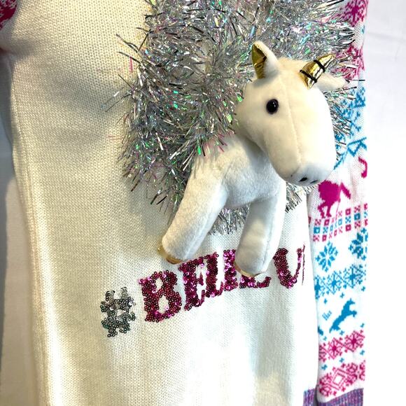 No Boundaries BELIEVE 3D Stuffed Unicorn Ugly Christmas Sweater Size Small - Picture 2 of 5